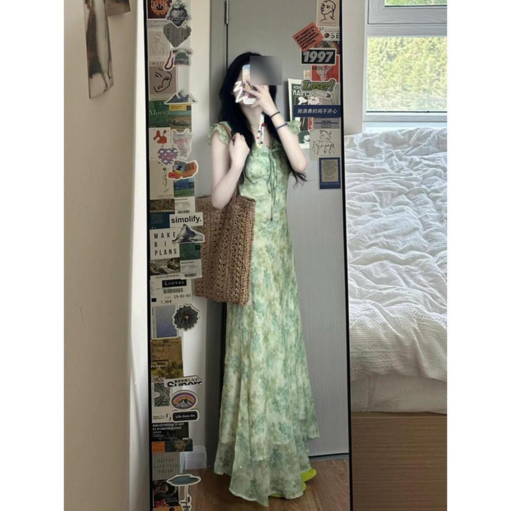 

Новое летнее красивое зеленое платье с цветочным принтом для девочек Детское платье Xia Xiaofei с рукавами и завышенной талией XL- (recommended 110-60kg)