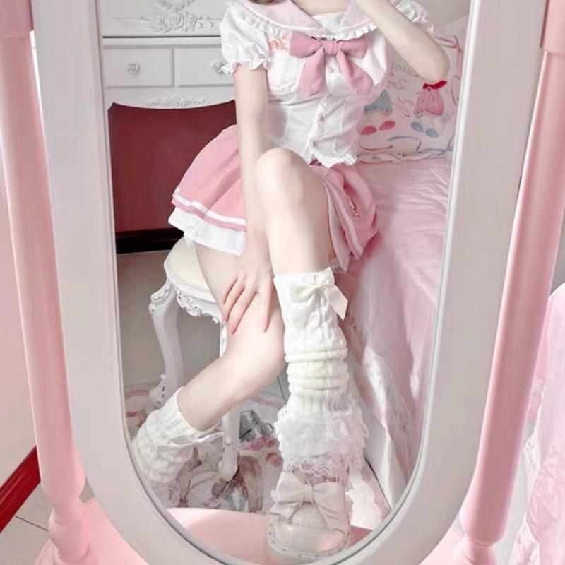 New Japanese Women Knitted Leg Warmer sweet Bow Tiered Ruffled Socks Girl Lace Lolita Socks Calf Lace Leggings Warmers Women
