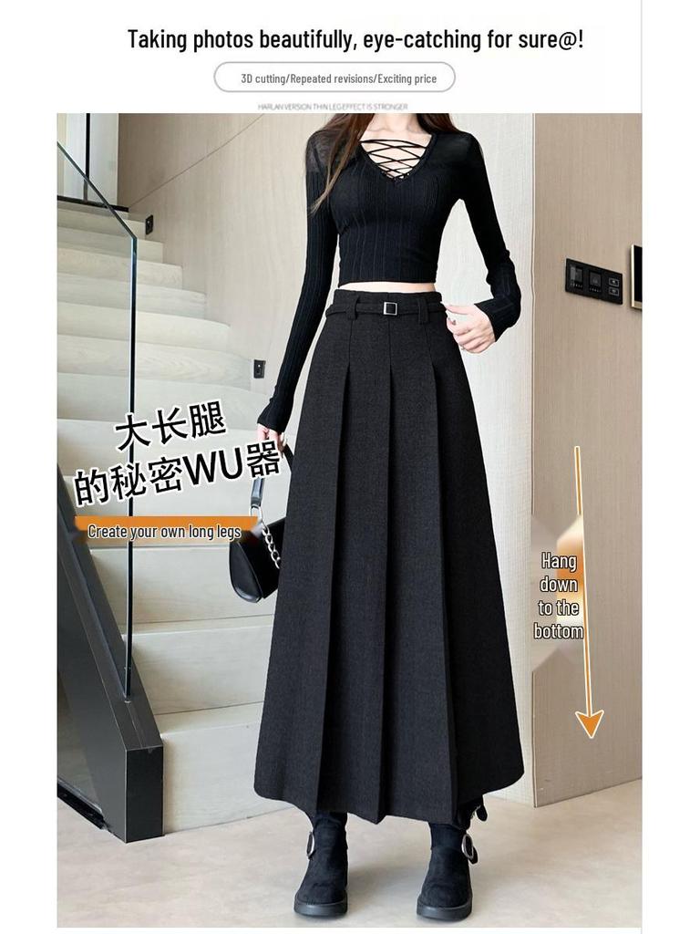 Elegant High-Waisted Gray Wool Pleated Skirt – Versatile Autumn/Winter Fashion for Women