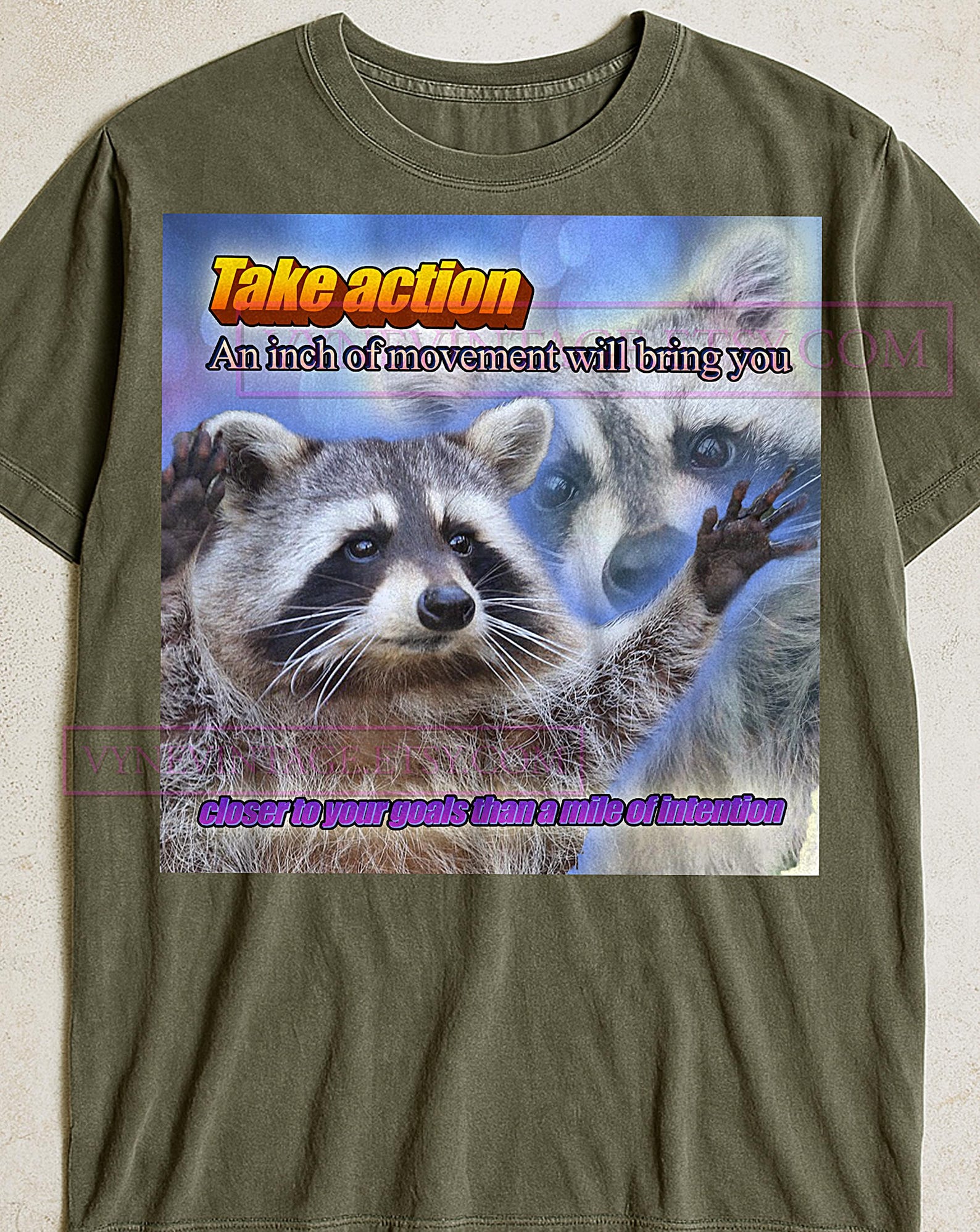 Take Action T-Shirt, Raccoon Motivational Quote Tee, Funny Inspirational Graphic Shirt, Humorous Raccoon Lover Gift, Sarcastic Tee M