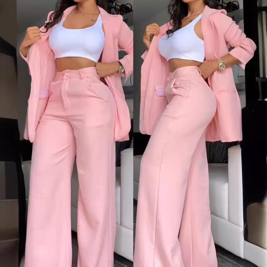 Elegant Autumn Women's Blazer Pants Two Piece Set Outifits Fashion Collar Coat Pocket Trouser Suit