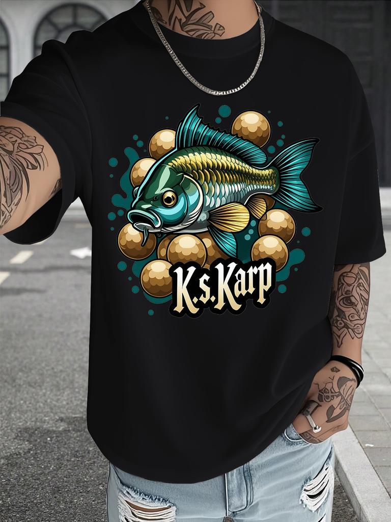 Unisexs Cyan Oversized T Shirt Ks Karp Carp Fish Golden Bubble Graphic Crew Neck Short Sleeve Fishing Lover Casual Summer Male Tops