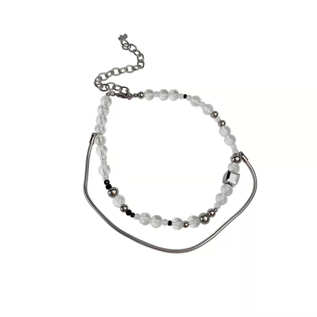 Double-layer stacked necklace design cold wind fringed collarbone chain natural crystal beaded neck chain