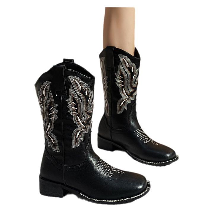 He Sui's same western cowboy boots women's 2024 new retro embroidered knight boots thick heel thick sole medium tube knight boots