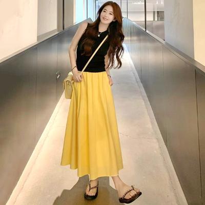 Jupe Jaune pour Femmes en Été Nouveau Design Taille Haute Mince Jupe Trapèze Jupe Coréenne Douce Plissée