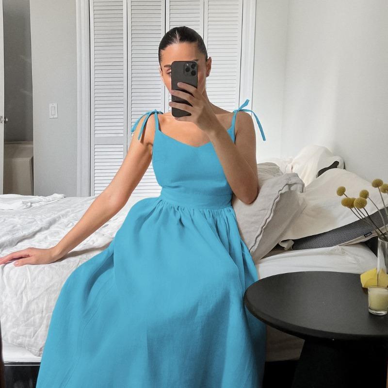 French Khaki Cotton Linen Breathable Halter High Waisted Dress Holiday Style Long Skirt Woman