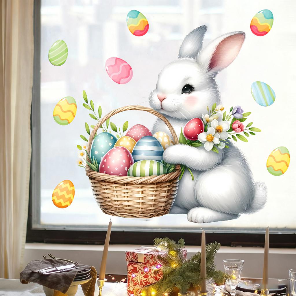 Easter Bunny Eggs Static Cling Window Stickers No Glue Removable for Bedroom Living Room Study Holiday Decor