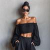 Women's Two Piece Set Off Shoulder Crop Top Wide Leg Pants Long Sleeve Party Outfit