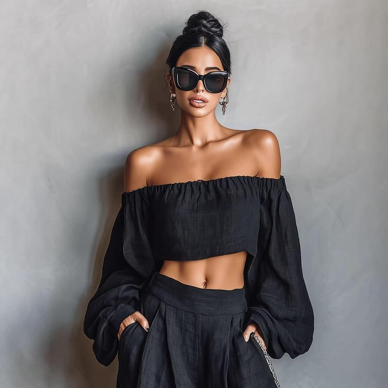 Women's Two Piece Set Off Shoulder Crop Top Wide Leg Pants Long Sleeve Party Outfit
