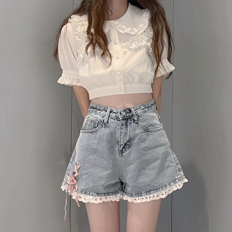 

Корейская версия ретро джинсовых шорт с кружевной отделкой Женские шорты с высокой талией, свободные, горячие, А-силуэта, широкие штанины XXL синий