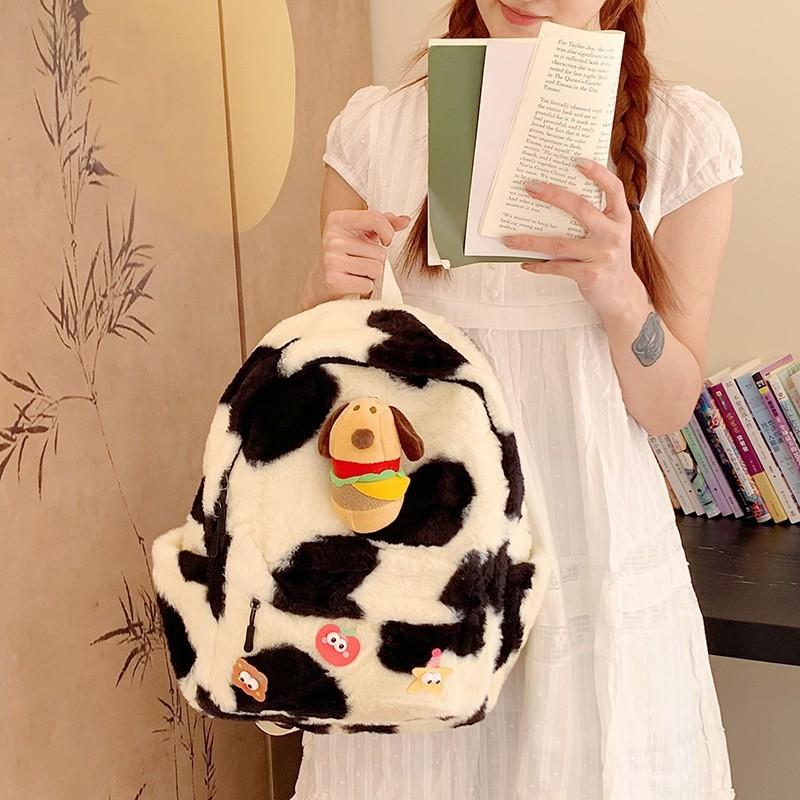 Apple Dog Burger Star Decoration Black And White Large Capacity Plush Backpack