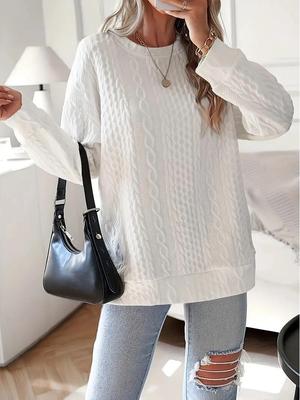 White Casual Long Sleeve Pullover - 2024 European & American Style