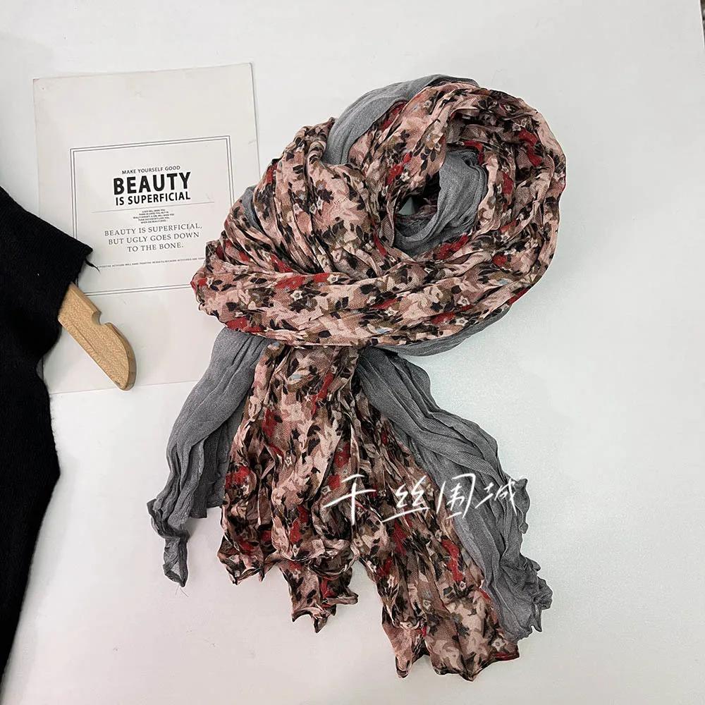 Vreovor Spring Autumn Thin Floral Scarf Women'S New Vintage Japanese Cotton Hemp Texture Silk Summer Sunscreen Headscarf Beach