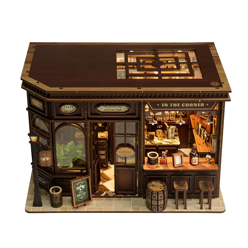DIY Corner Tavern House Wooden Miniature Model Kit 3D Puzzle with Light Furniture Doll Houses Cottage for Friends Birthday Gifts