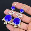 925 Silver Natural Blue Sapphire Artisan Hook Dangle Drop Daughter New Earrings