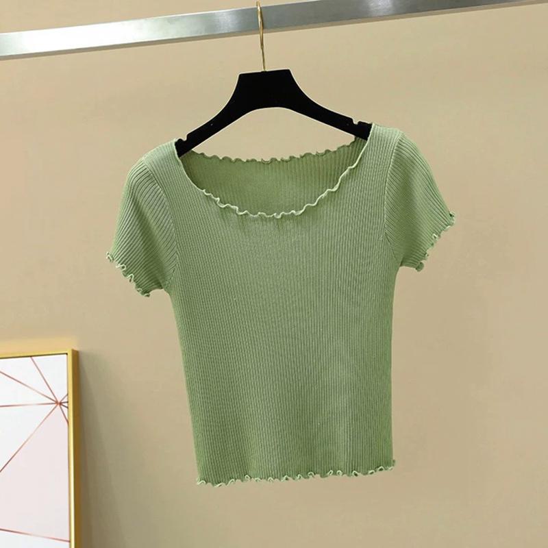 Dámské Léto Pletené Ledové Hedvábné Trička Topy Krátký rukáv Tenký Plísňový Listový Límec Vysoký Pas Jednobarevná Studená