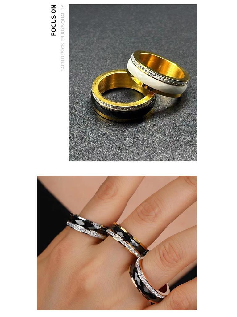 European-American Inlaid Diamond Black Ceramic Couple Ring: Rotatable Stainless Steel