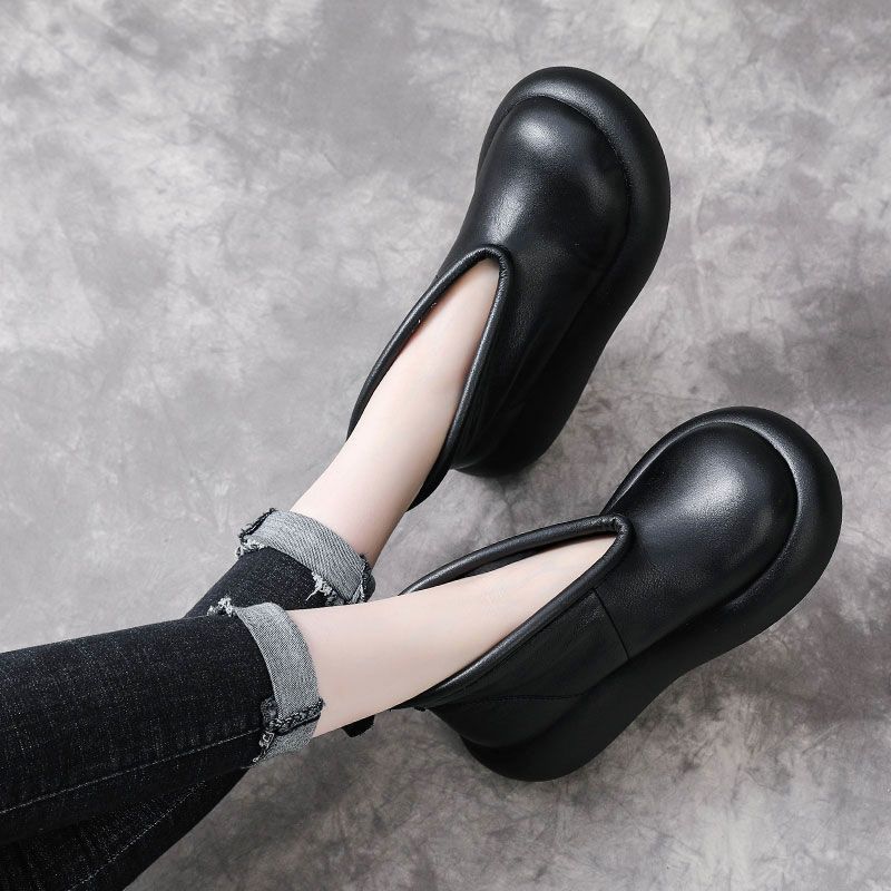 Slope Heel Short Boots Women's Retro Casual Big Head Single Boots Autumn and Winter Muffin Thick-soled British Versatile Personalized Short Mart