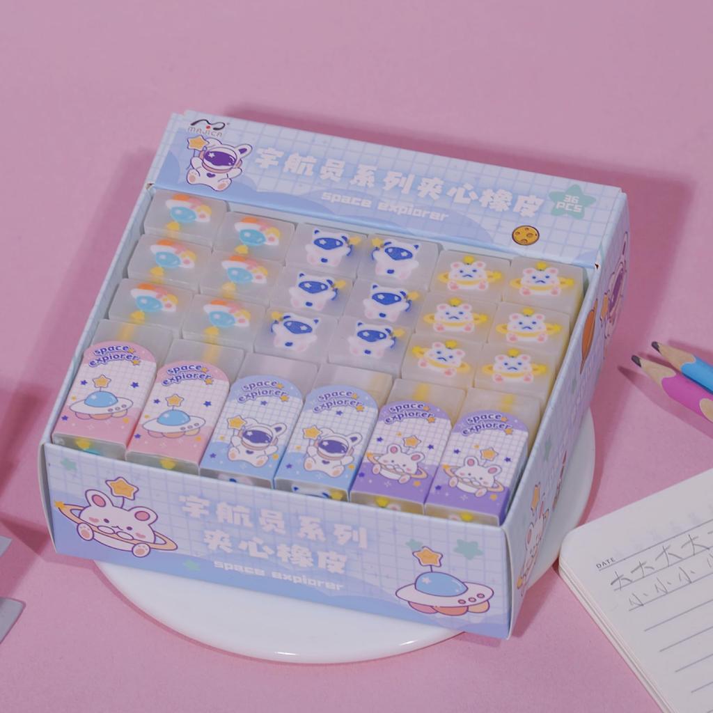Bethany Home Erasers 36 Piece Set of 3 Astronaut Shaped Cute Mini Pencil Eraser Pack for Kids Party School Student Stationery School Creative Toys