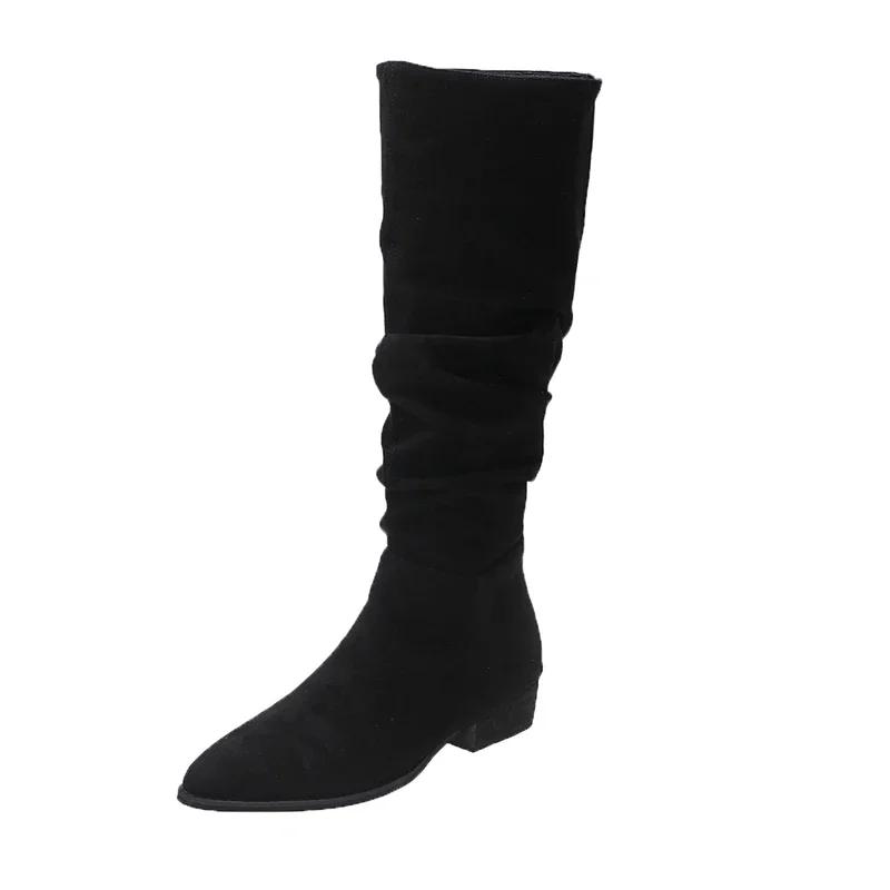 Fashion Boots for Women Spring Autumn Winter Western Cowboy Pointed Toe Brand Suede Leather Knee High Chunky Heel Comfy Walking Shoes