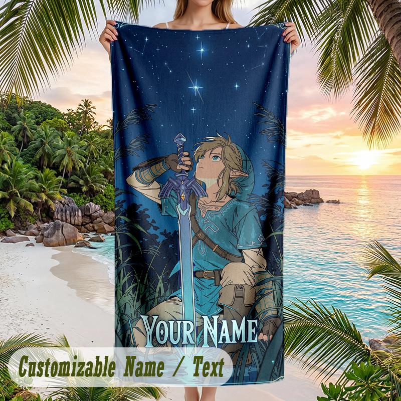 Zelda Beach Towel, Personalized Custom Text, Quick Dry Soft Large Towel For Swimming Pool Travel
