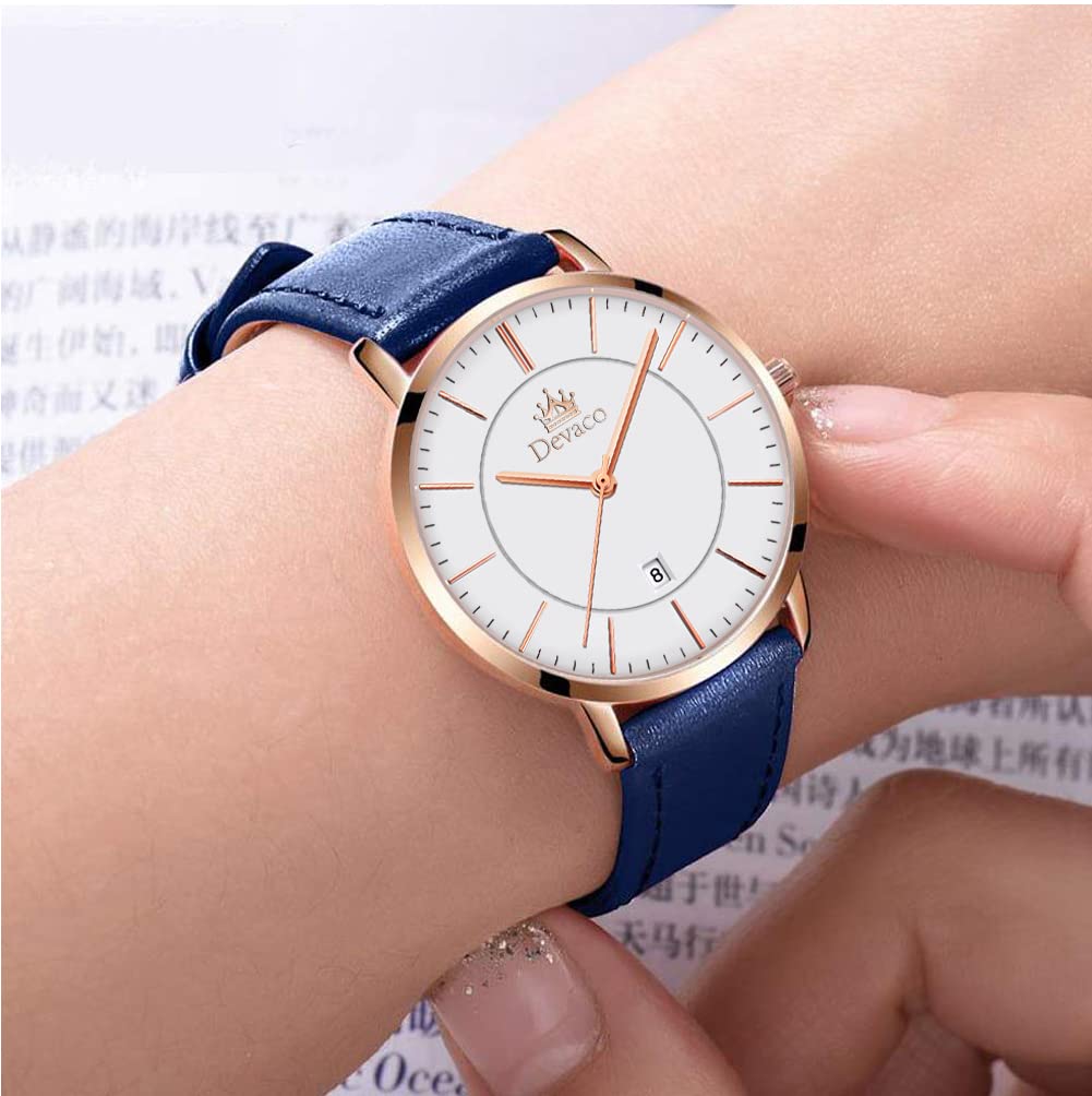 Stylish Women's Wristwatch In Blue, Waterproof, Ultra-thin, with a Leather Strap, Analog, Small, Simple Dial, Easy To Read, Slim, Lightweight, and