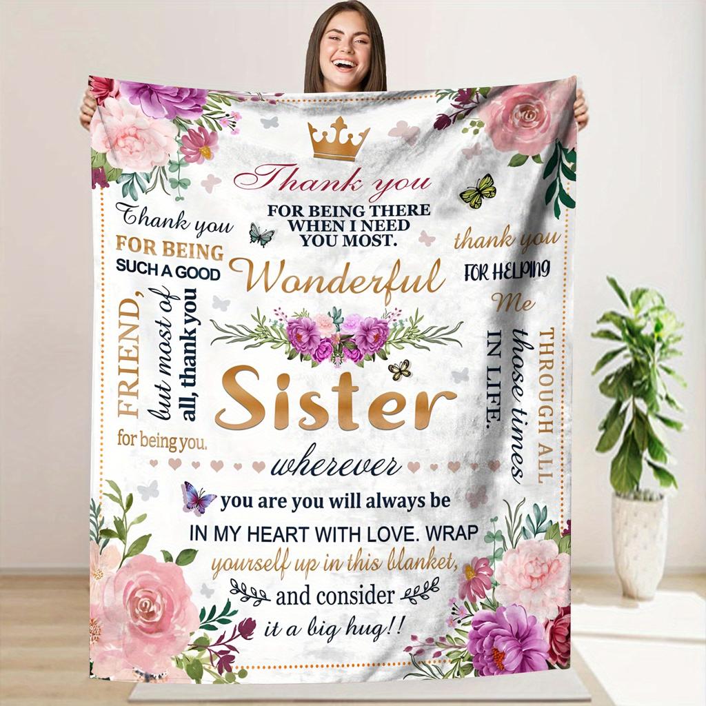 Luxurious Floral Fleece Throw Blanket for Sister - Soft, Warm Polyester with Heartfelt Message | Ideal for Couch, Bed, Office