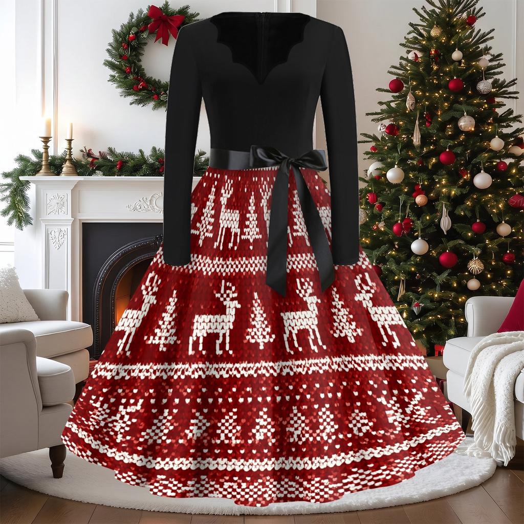 Women's Casual Vintage V-Neck Long Sleeve Dress with Christmas Print for Holiday Party