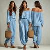 Damen schulterfrei Langarm Jumpsuit einfarbig Freizeit locker sitzend Elastischer Bund Hose