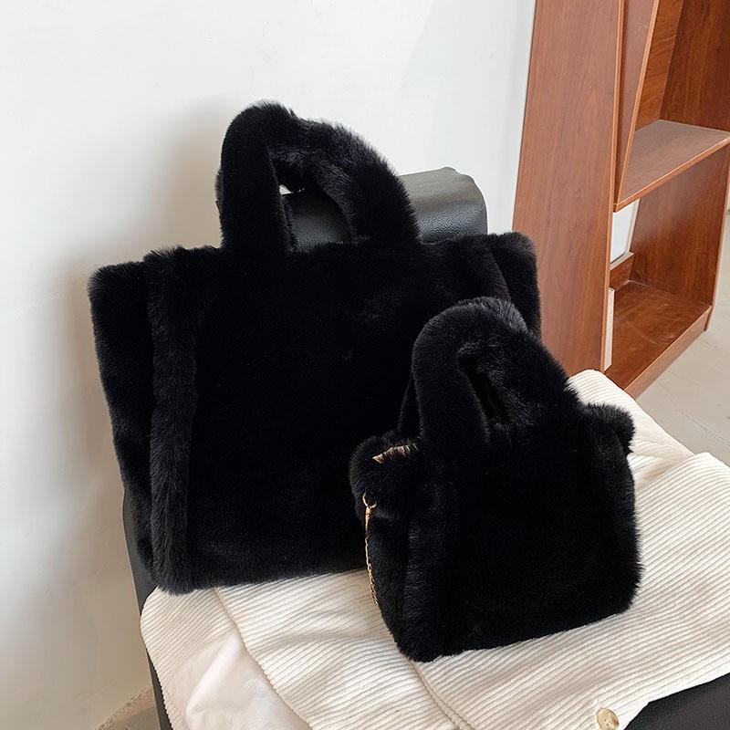 

Japanese Casual Large-capacity Bag Women s One-shoulder Tote Underarm Solid Color Fur Fashionable Chain trumpet чорний