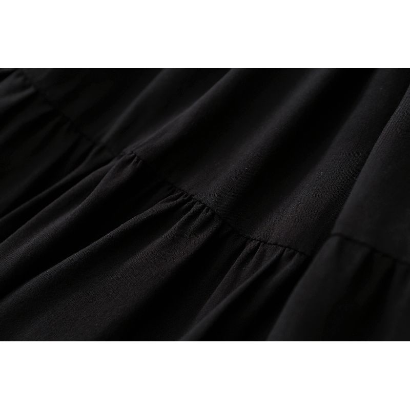 Export Fashion OEM Goods French Style Retro V-neck Noil Poplin Dress Loose Slim Looking Ruched Artificial Cotton Black Dress