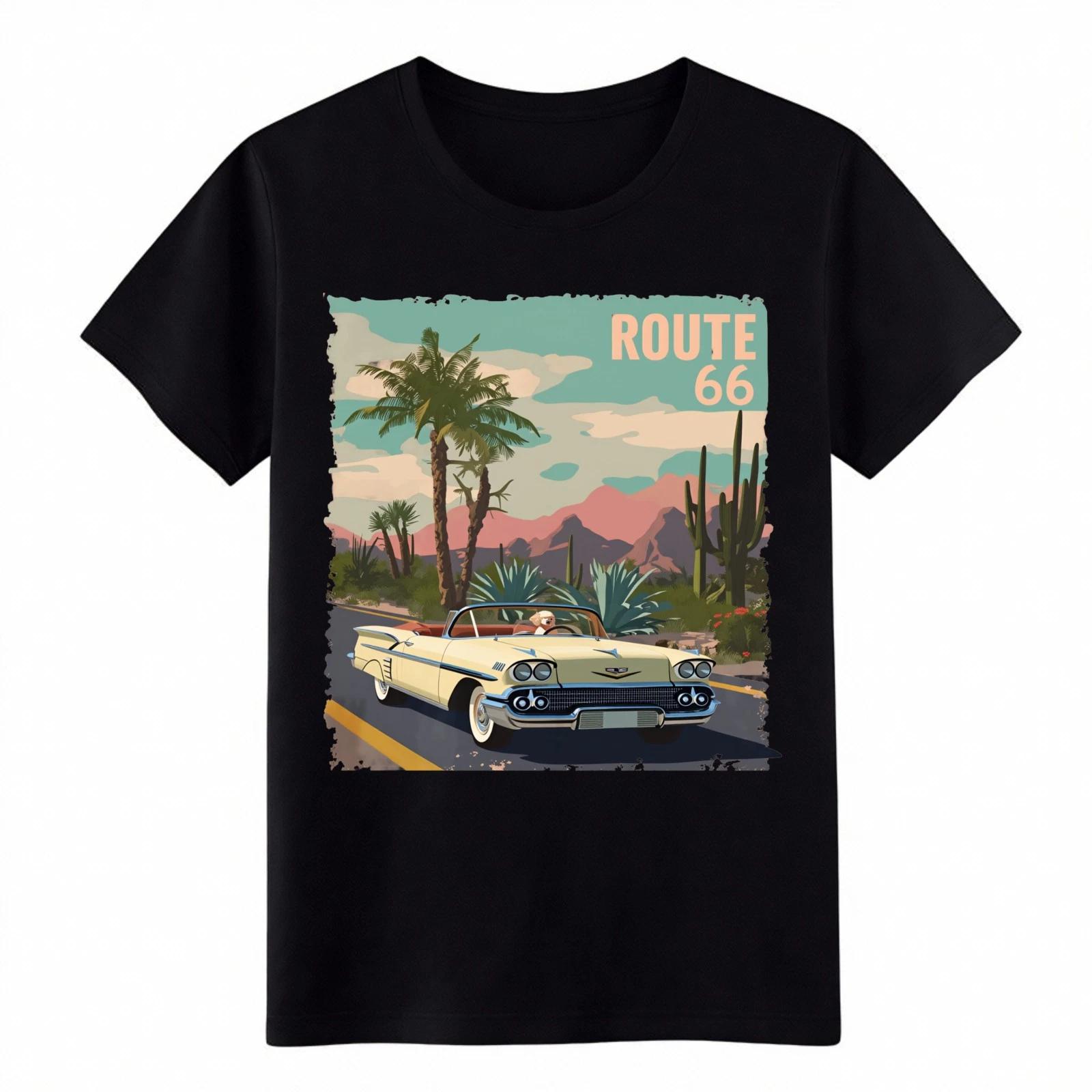 Route 66 Classic Convertible T-Shirt -Retro Desert Highway Road Trip Graphic Tee XL