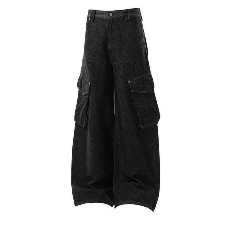 Mens Vintage Wide-Leg Cargo Jeans With Multiple Pockets Distressed Wash Straight Fit Relaxed Trousers