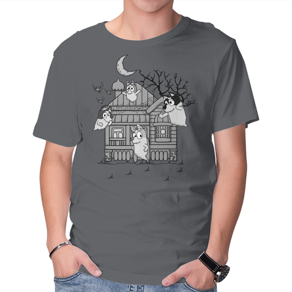 Unisex Crew Neck T-Shirt Bluey Haunted House Graphic Short Sleeve Casual Tee XXL