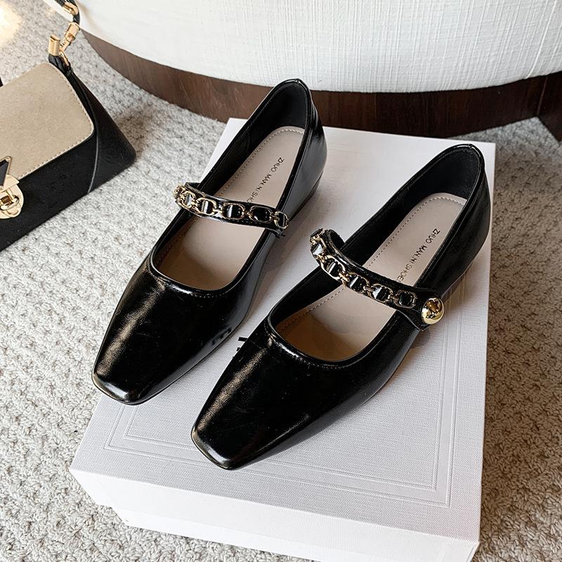 

With French shallow mouth 2025 spring and summer skirt one-word small leather shoelaces new low-heeled single shoes Mary Jane shoes women 40