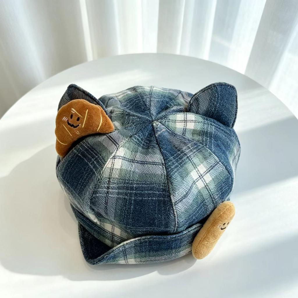 Cute Plaid Deer Ears Beret Female Autumn and Winter Face Small Octagonal Hat Big Head Circumference Painter Hat