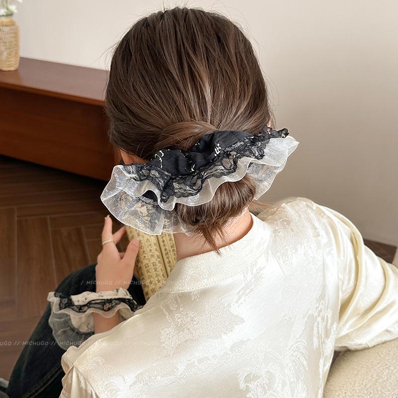 Lace Ruffle Scrunchie: Women's High-Elasticity, Durable Hair Tie for Versatile Bun Hairstyles.