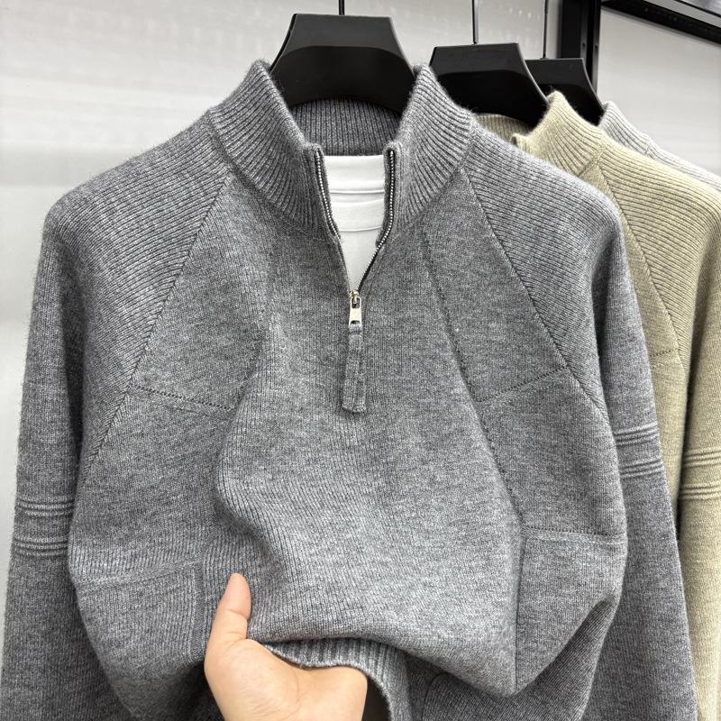 Men's Retro Jacquard Knit Sweater with Zipper Collar - Stylish & Versatile for Autumn/Winter