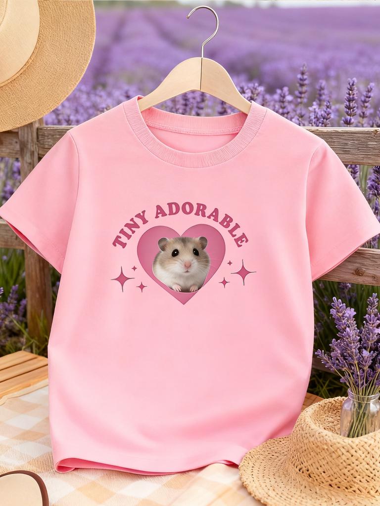 Tiny Adorable Heart Hamster Graphic Kid T Shirt Boys Girl Short Sleeve Crew Neck Polyester Parent Matching Casual Top Toddler Youth