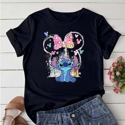 Módní dámské letní tričko s potiskem Stitch z Disneyho akvarelové grafiky, ležérní krátký rukáv, oblečení Harajuku