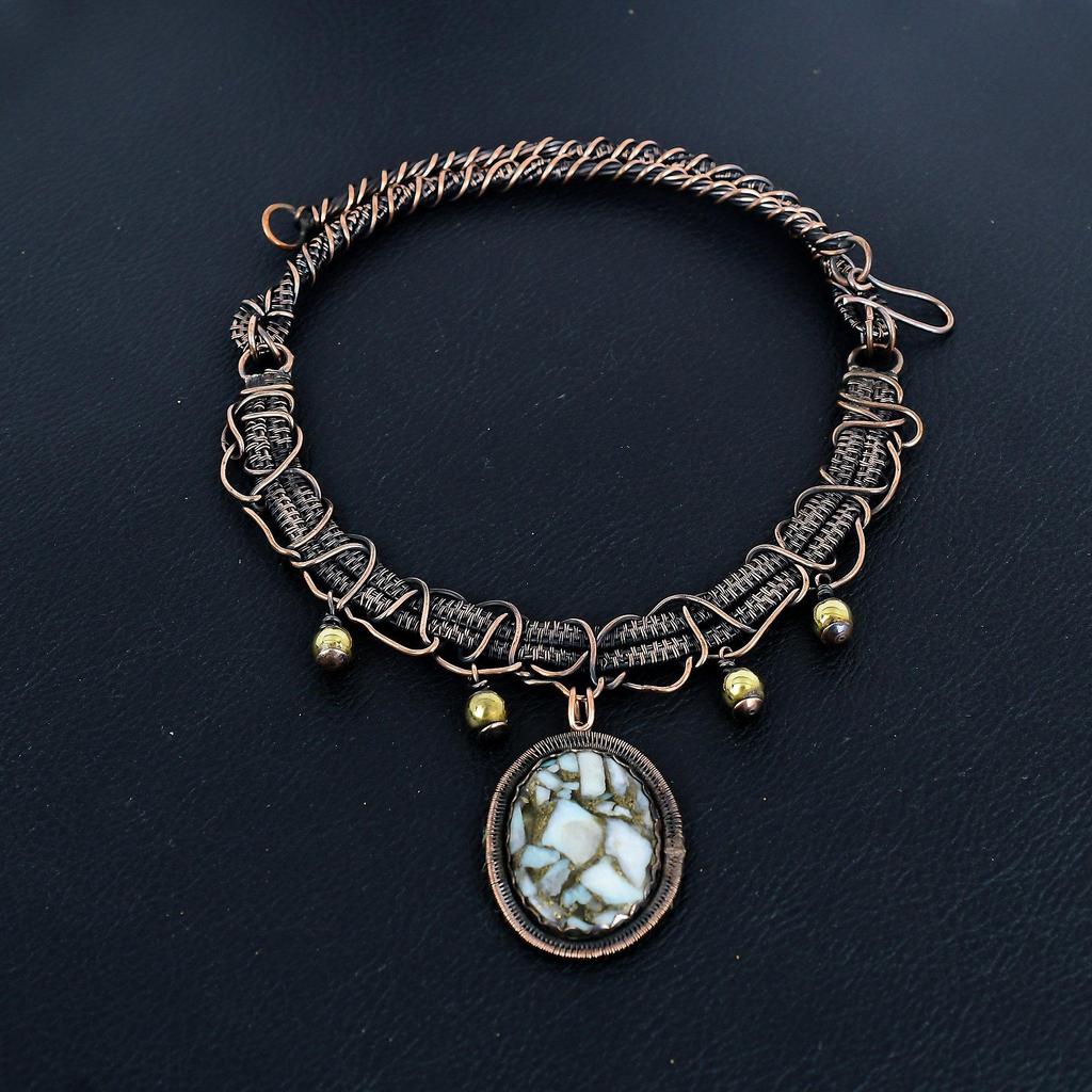 Copper Larimar 999 Copper Wire Wrapped Necklace, Handmade Gemstone Jewelry Necklace For Thanksgiving