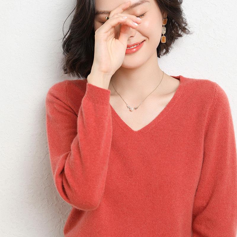 Women's V-Neck Knit Sweater Long Sleeve Loose Solid Color Pullover