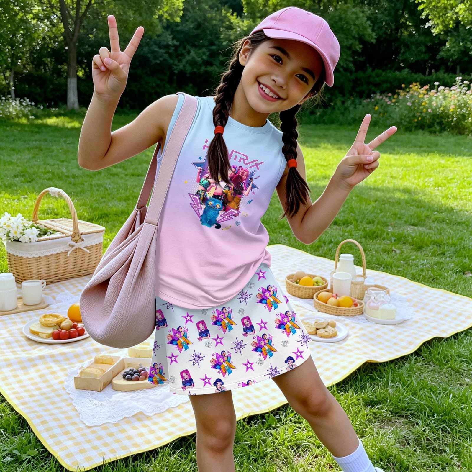 Girls Casual Print Tank Top and Short Skirt Set Theme 100 бежевый