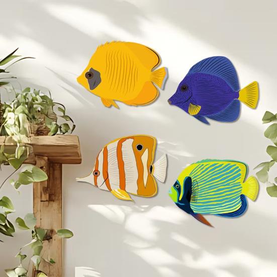 4 Stück Holzfisch Nautische Wanddekoration Rustikale Holz-Meeresfisch-Wandkunst Ozean Küsten-Thema Hängende Dekoration für Seehaus Schlafzimmer Badezimmer
