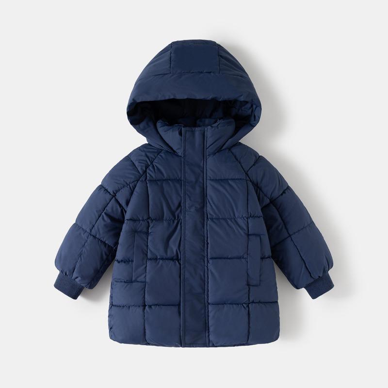 Kids Solid Korean Style Thick Padded Hooded Mid Length Winter Coat