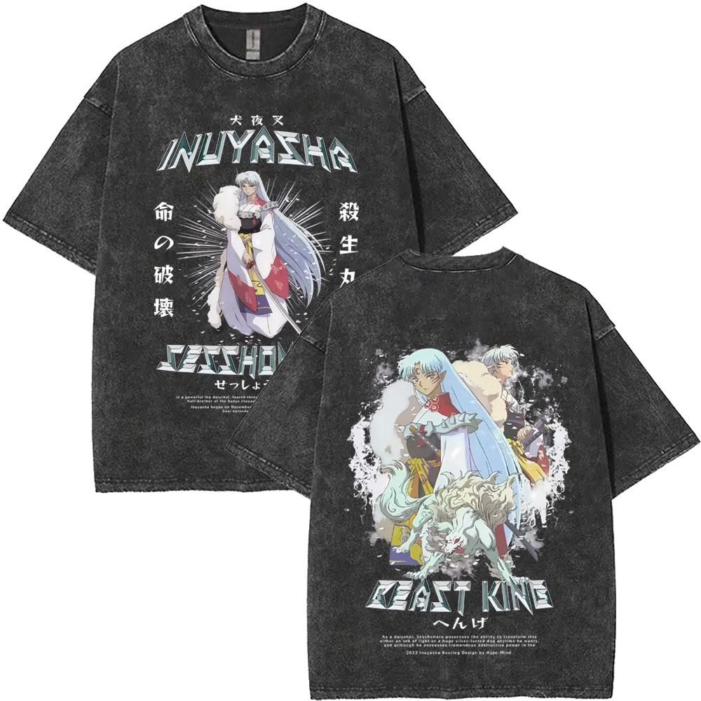 Washed Vintage Anime Inuyasha Graphic Print Tshirt Men Women Casual Oversized Cotton T Shirts Mens Retro Cartoon Streetwear