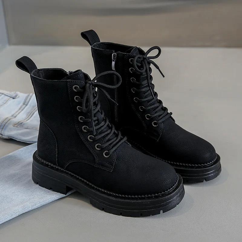 Women's Fashion Boots Retro Leather Ankle Boots Women Luxury Soft Sole Short Boots New Platform Non-slip Round Toe