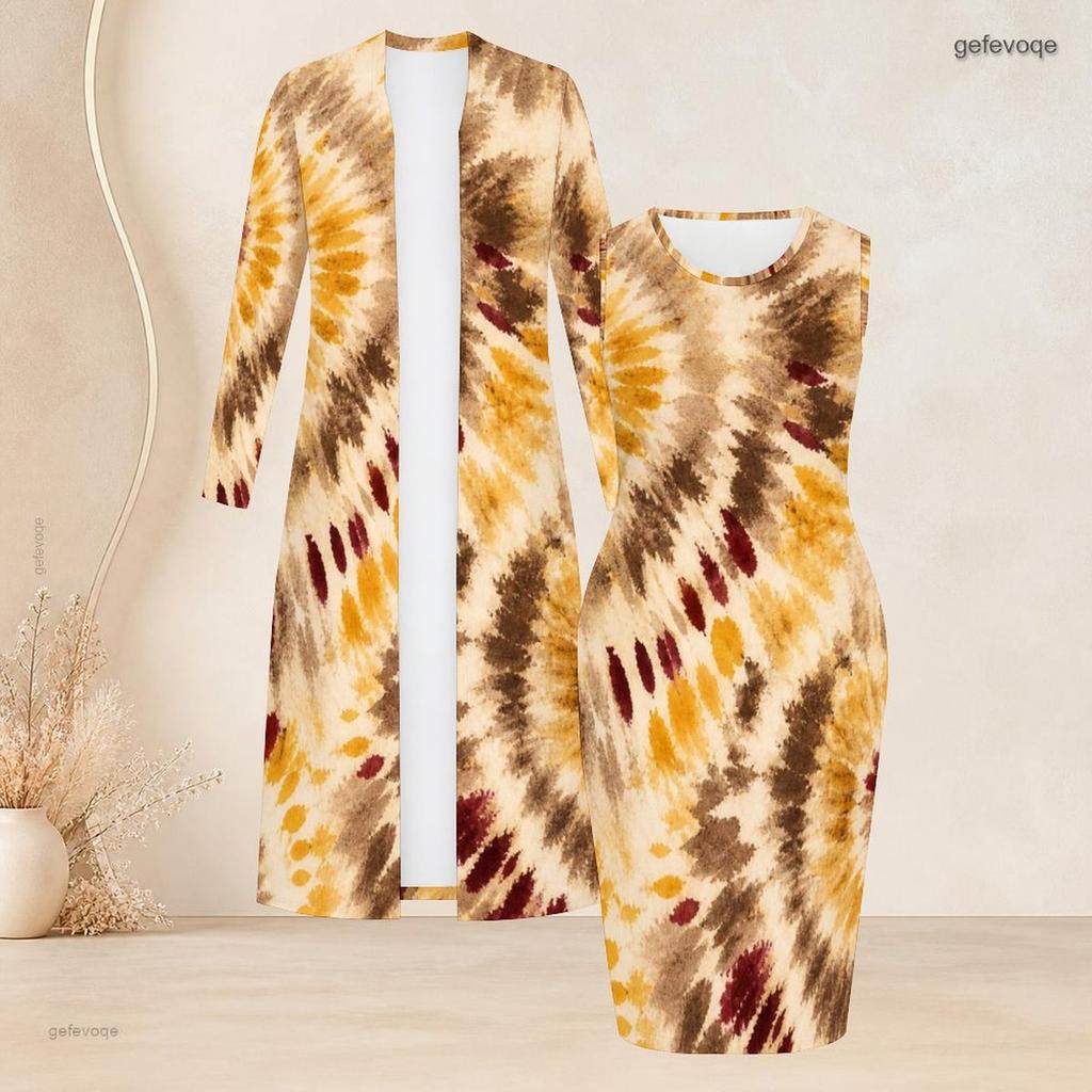 Women Plus Size Two Piece Set Long Sleeve Open Front Cardigan Sleeveless Abstract Printed Bodycon Dress
