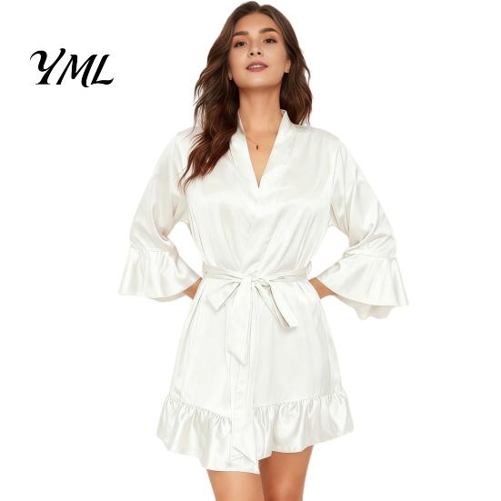 Comfortable Home Wear Women Silk Nightgown with Ruffle Hem, Sexy Long Sleeves V Loose Night Dress Neck Satin Nightshirt, Short Nightdress Sleepwear