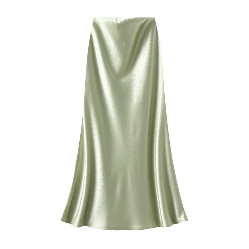 Qooth Elegant Women Satin Fishtail Skirt Maxi Length Bodycon Slim Elastic Waist Skirt QT2762